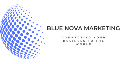 Blue Nova Marketing logo with dotted globe graphic